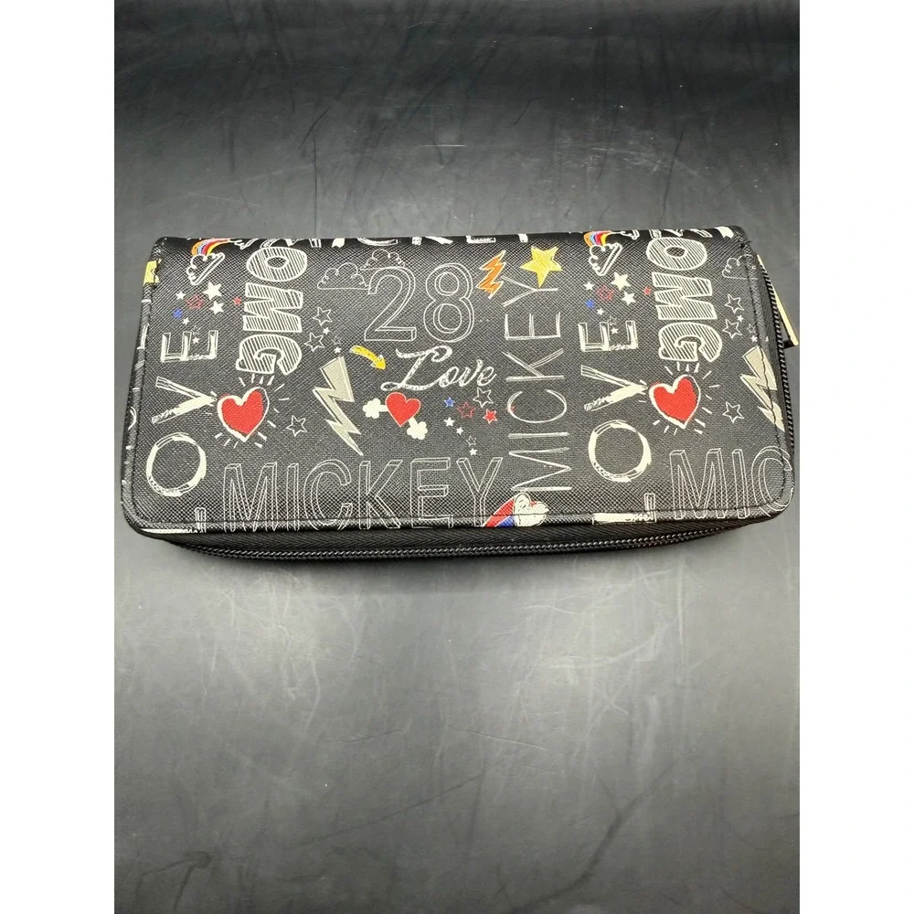 Disney‎ Mickey Mouse Graffiti Zip Around Wallet Black OMG Love Heart Print 7.5in